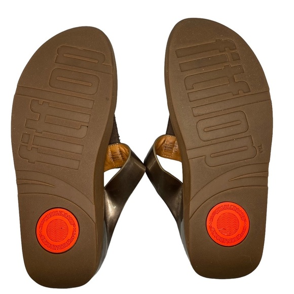 Fitflop Fino Toe-Post Flip Flops Bronze Wedge 9 Style #C89-012 Glitter Studded - Picture 10 of 11